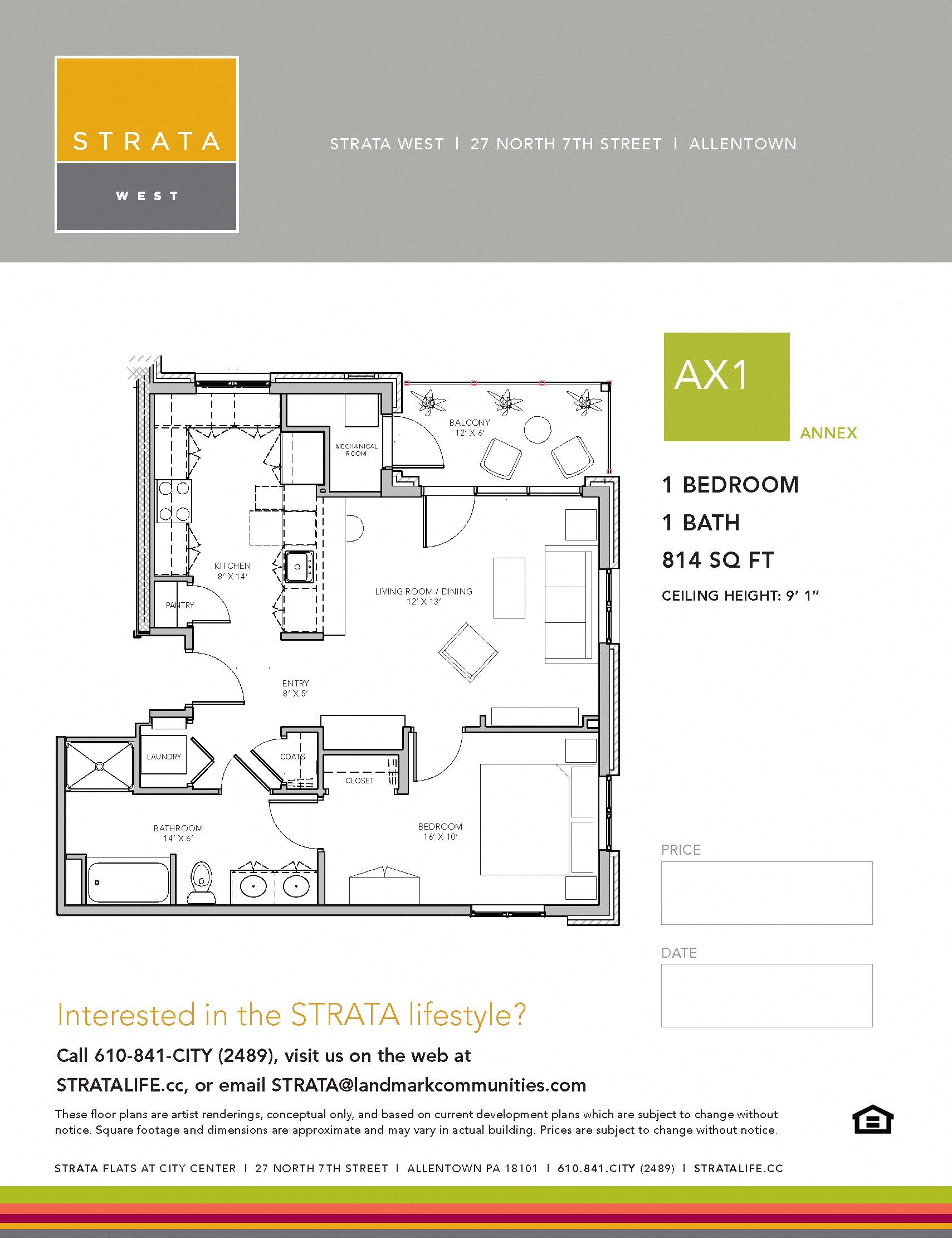 Floor plan for 1 bed, 1 bath, 807 sqft