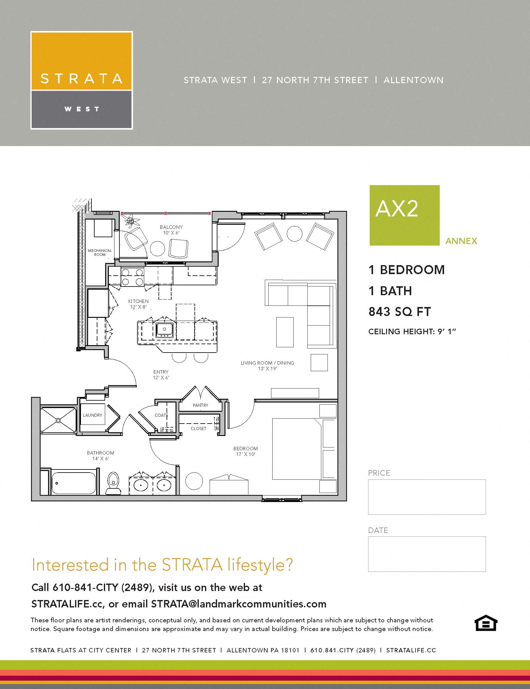 Floor plan for 1 bed, 1 bath, 860 sqft
