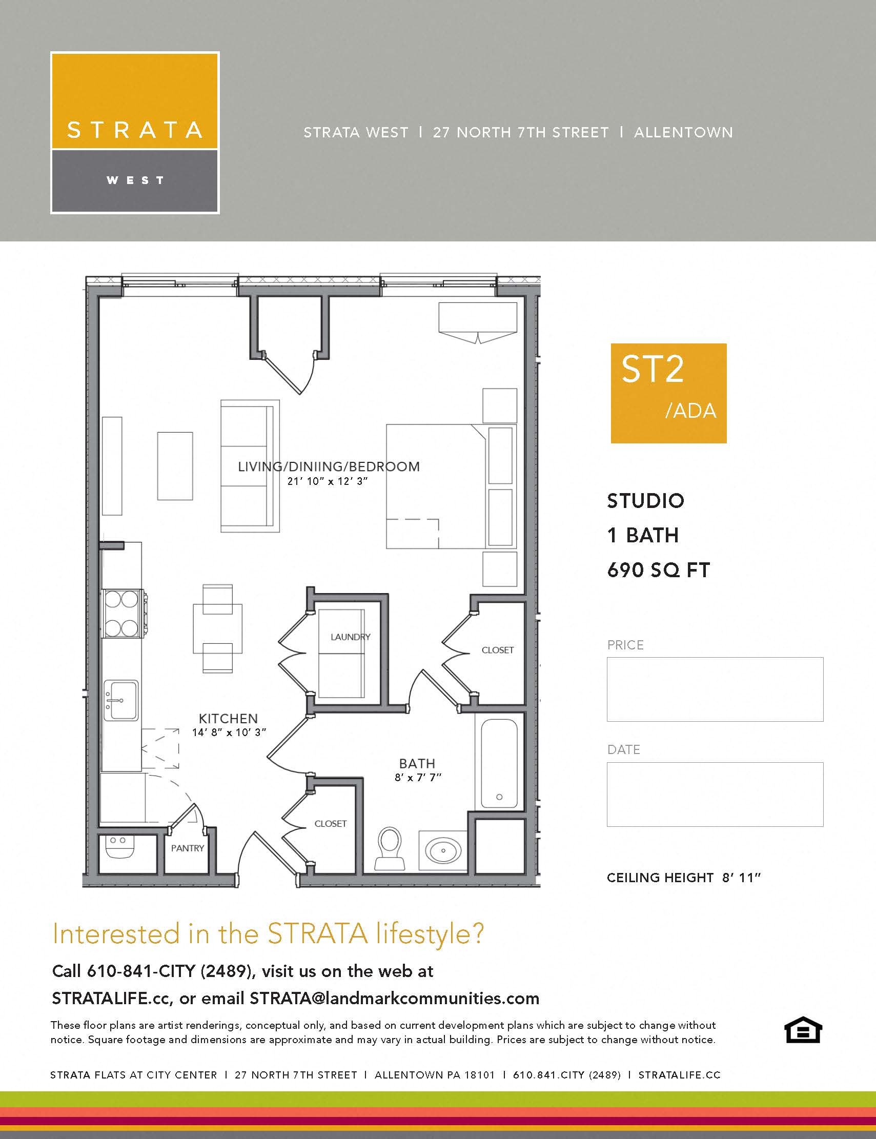 Floor plan for studio, 1 bath, 690 sqft