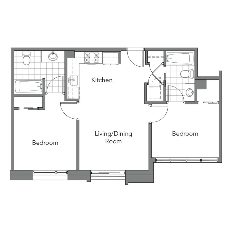 Floor plan for 2 beds, 2 baths, 800 sqft