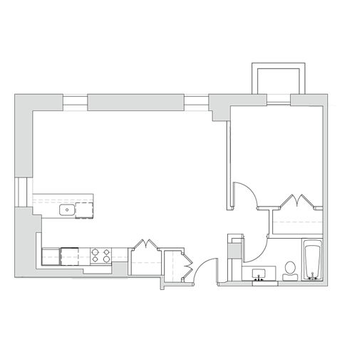 Floor plan for 1 bed, 1 bath, 670 sqft