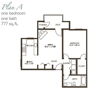 Floor plan for 1 bed, 1 bath, 783 sqft