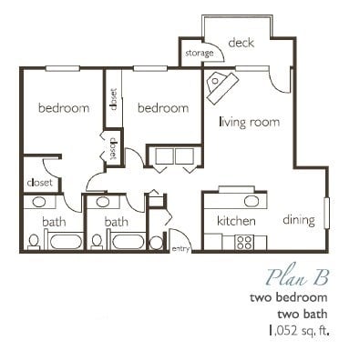 Floor plan for 2 beds, 2 baths, 1052 sqft