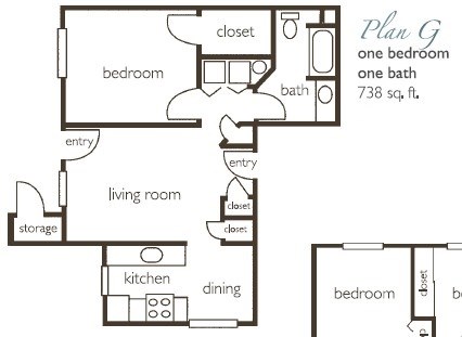 Floor plan for 1 bed, 1 bath, 738 sqft