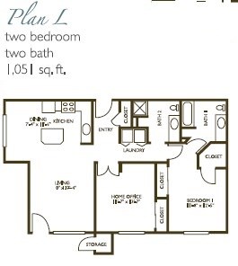 Floor plan for 2 beds, 2 baths, 1059 sqft