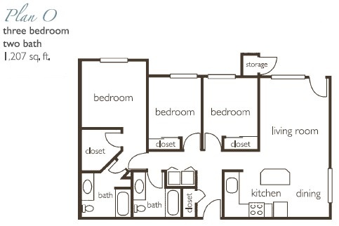 Floor plan for 3 beds, 2 baths, 1207 sqft