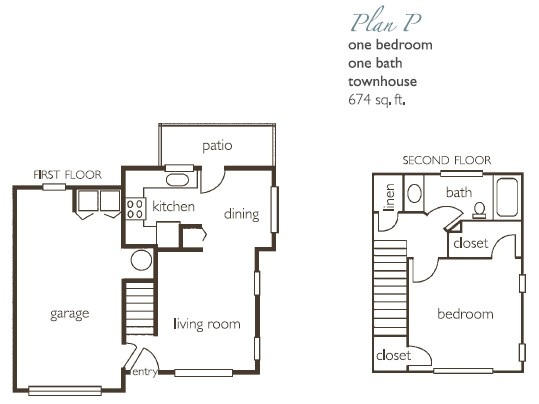 Floor plan for 1 bed, 1 bath, 674 sqft