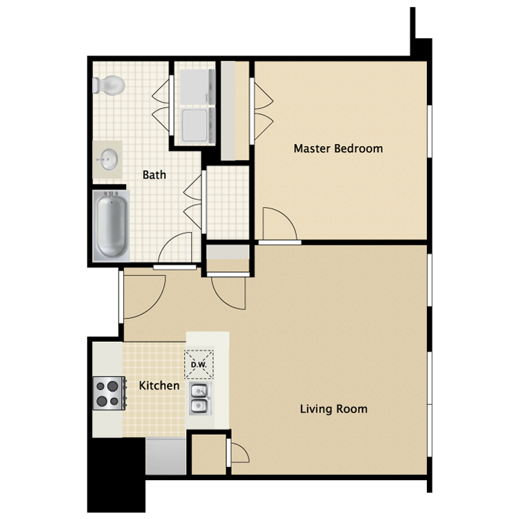 Floor plan for 1 bed, 1 bath, 778 sqft
