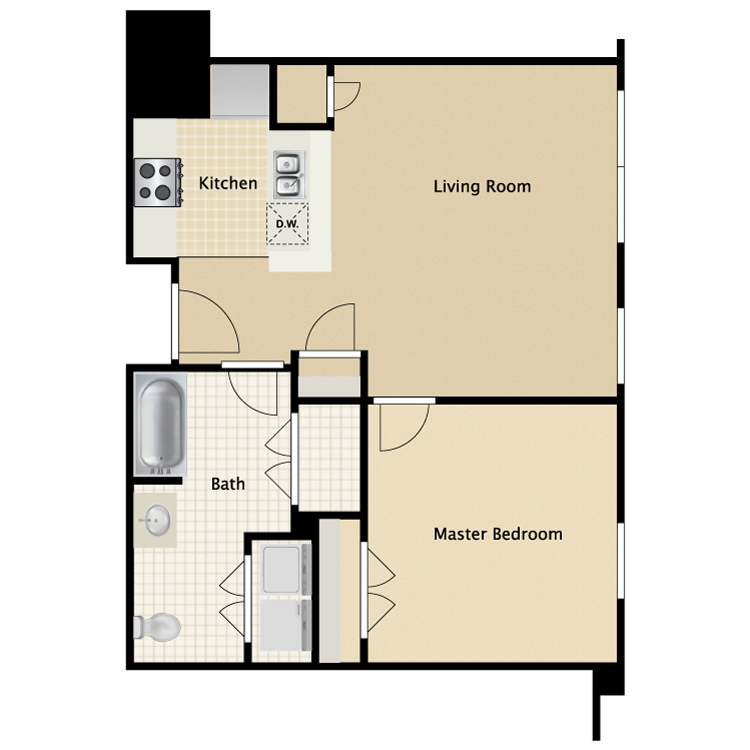 Floor plan for 1 bed, 1 bath, 778 sqft