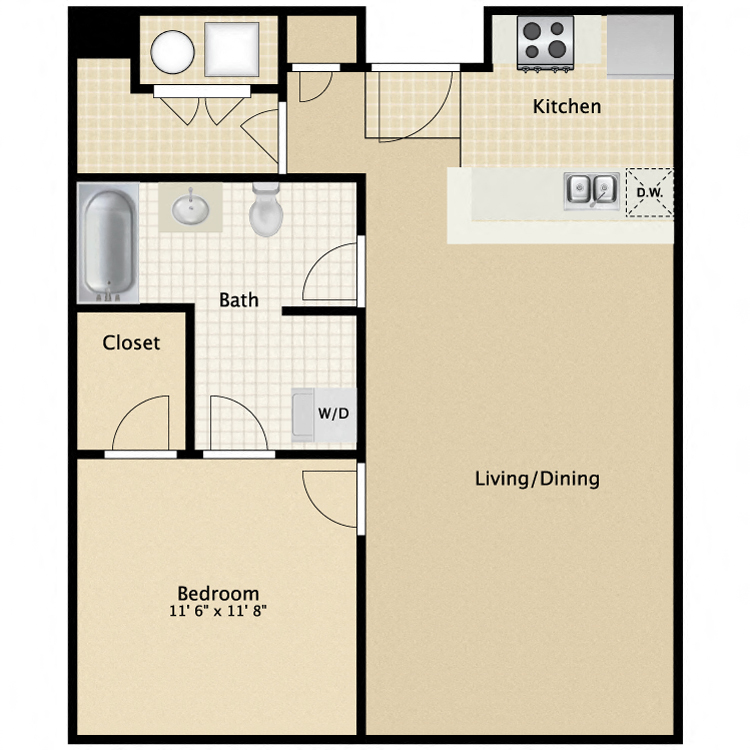 Floor plan for 1 bed, 1 bath, 731 sqft