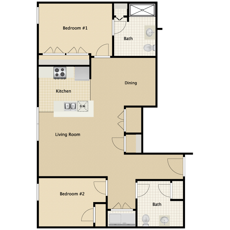 Floor plan for 2 beds, 2 baths, 1125 sqft