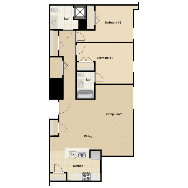 Floor plan for 2 beds, 2 baths, 1125 sqft
