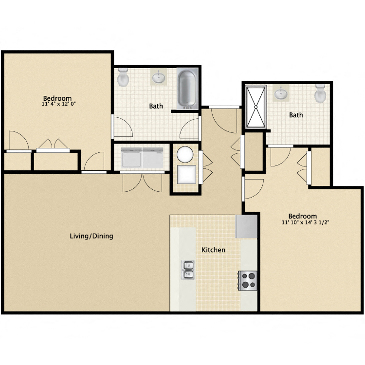 Floor plan for 2 beds, 2 baths, 1137 sqft