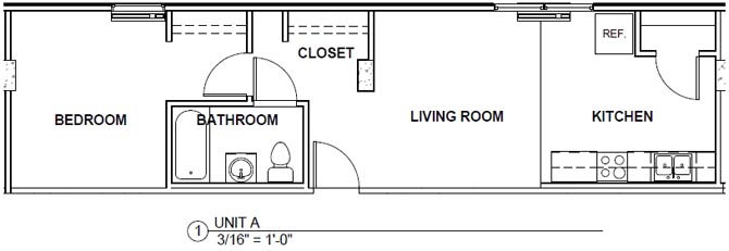 Floor plan for 1 bed, 1 bath, 531 sqft