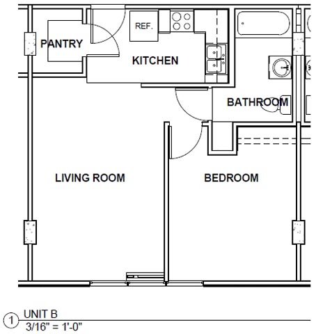 Floor plan for 1 bed, 1 bath, 543 sqft
