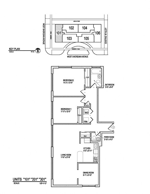 Floor plan for 2 beds, 1.5 baths, 1000 sqft