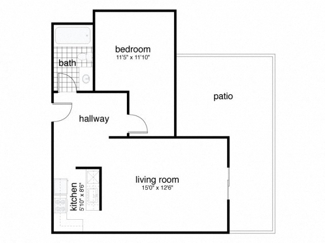 Floor plan for 1 bed, 1 bath, 612 sqft