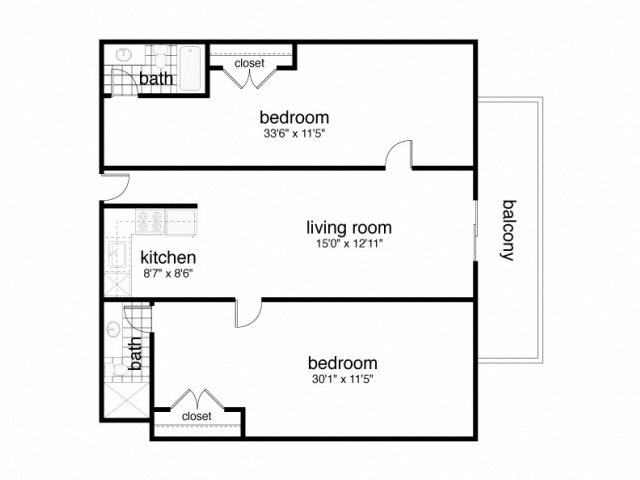 Floor plan for 2 beds, 2 baths, 859 sqft