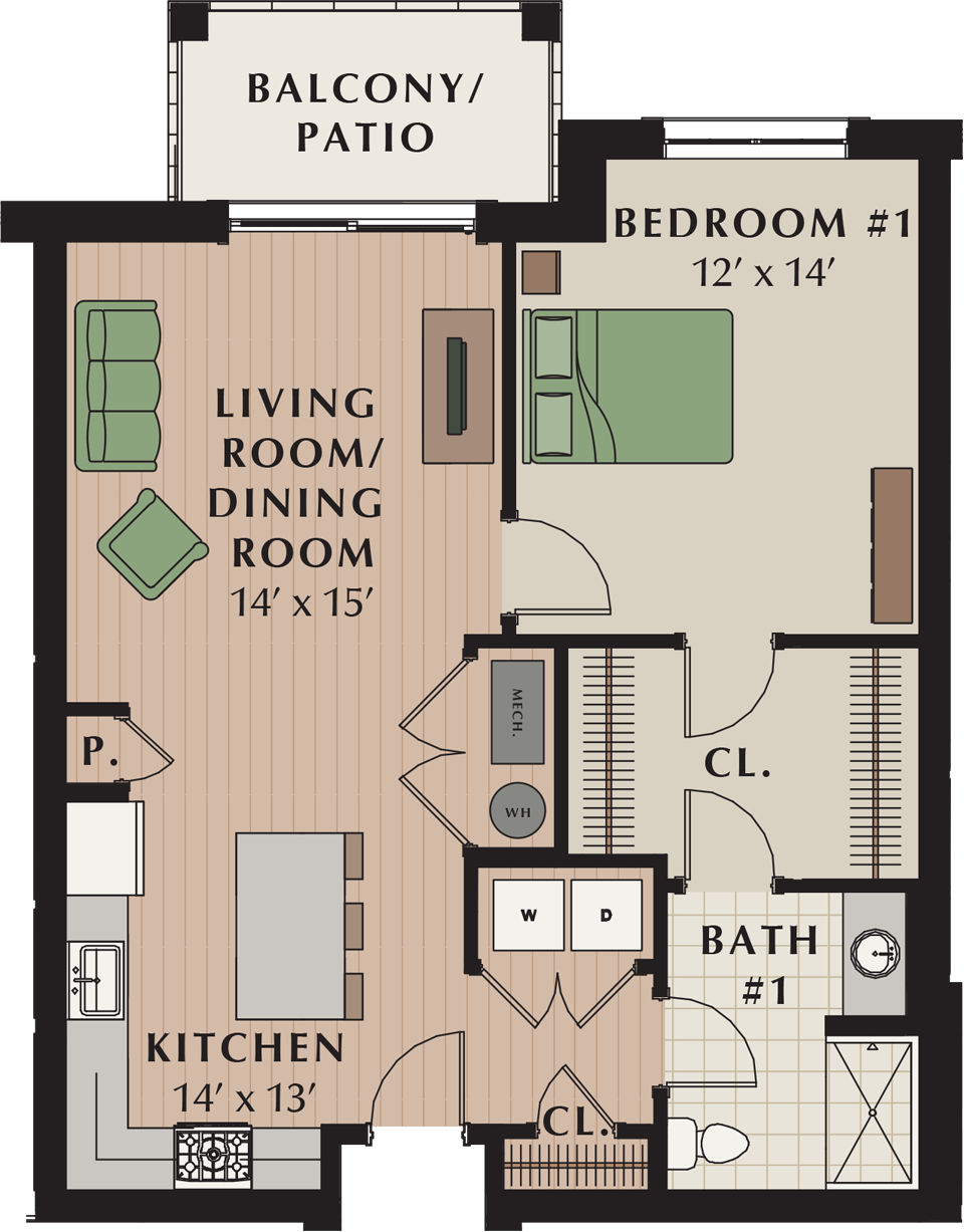 Floor plan for 1 bed, 1 bath, 935 sqft