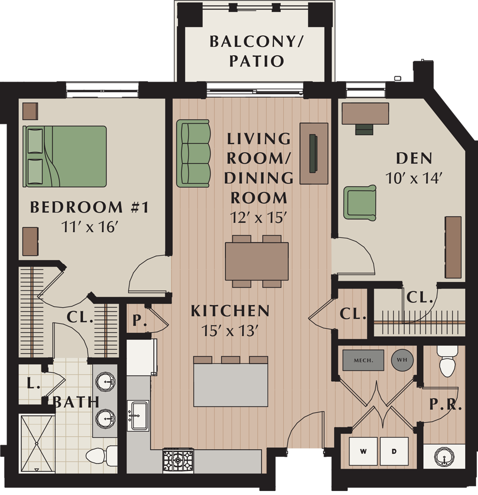 Floor plan for 1 bed, 1.5 baths, 1150 sqft