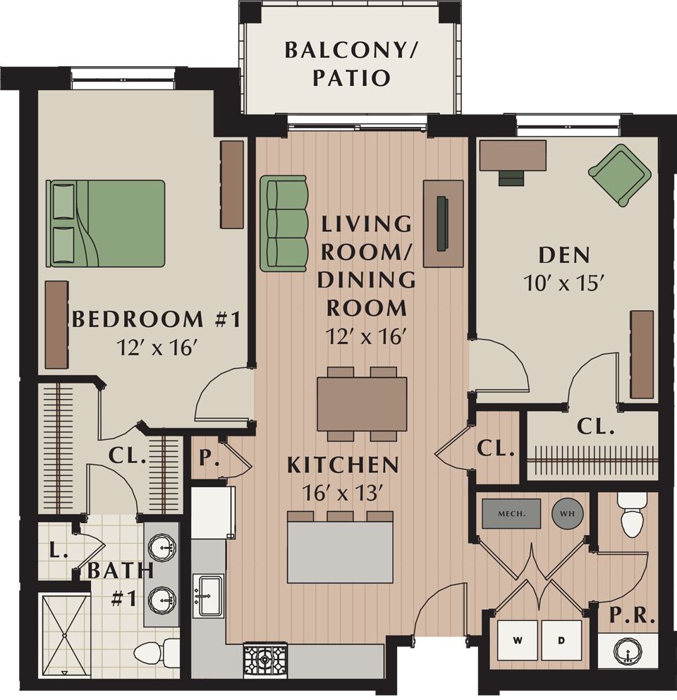 Floor plan for 1 bed, 1.5 baths, 1185 sqft