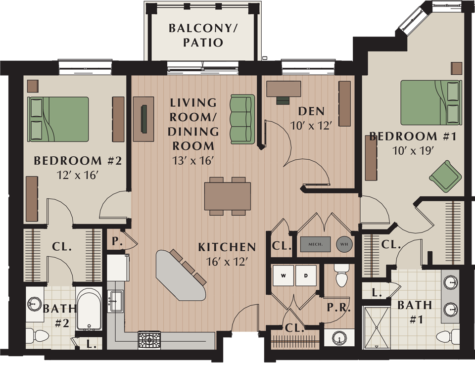 Floor plan for 2 beds, 2.5 baths, 1625 sqft