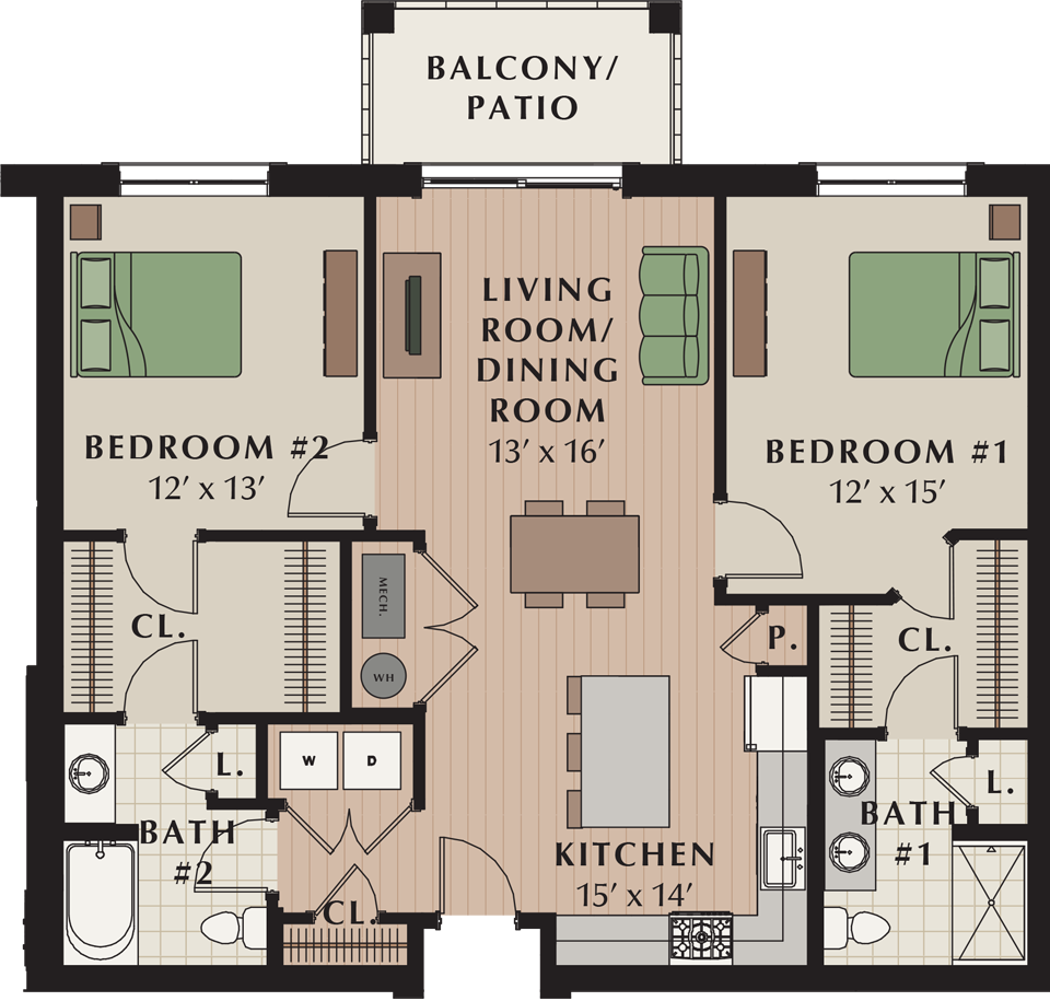 Floor plan for 2 beds, 2 baths, 1250 sqft