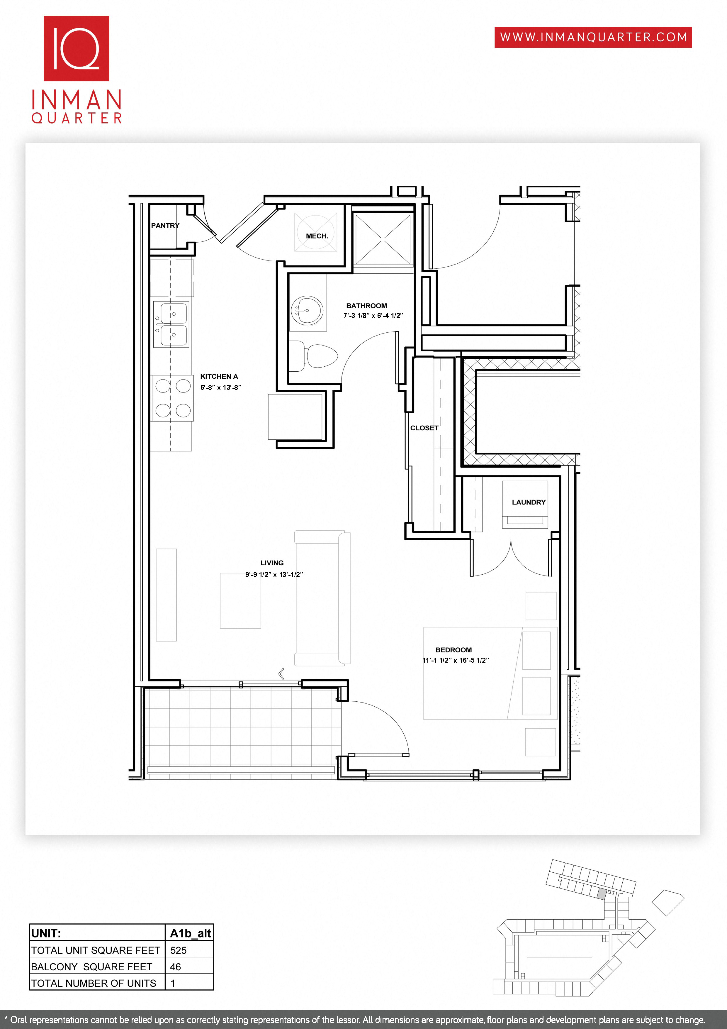 Floor plan for studio, 1 bath, 525 sqft