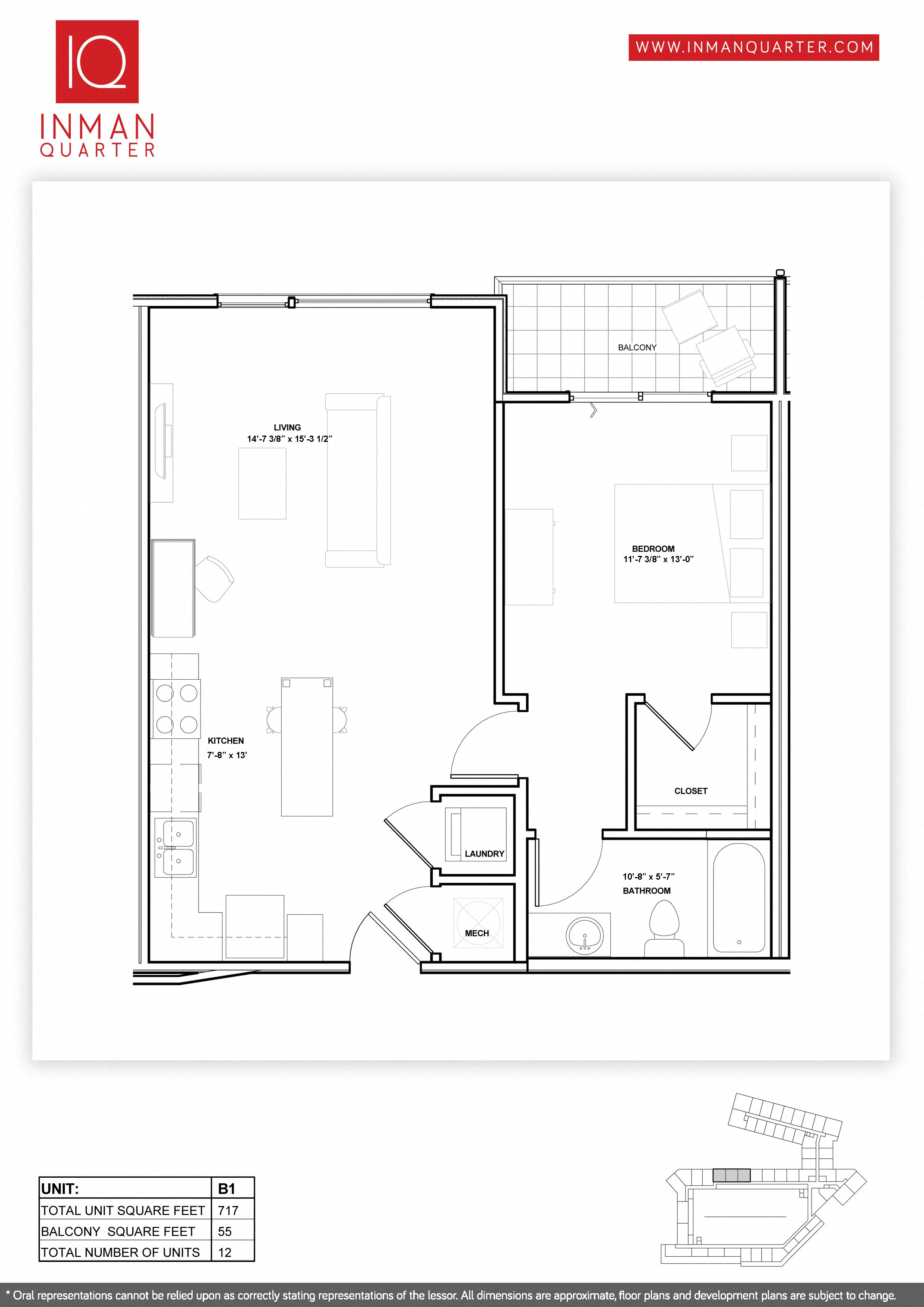 Floor plan for 1 bed, 1 bath, 703 sqft
