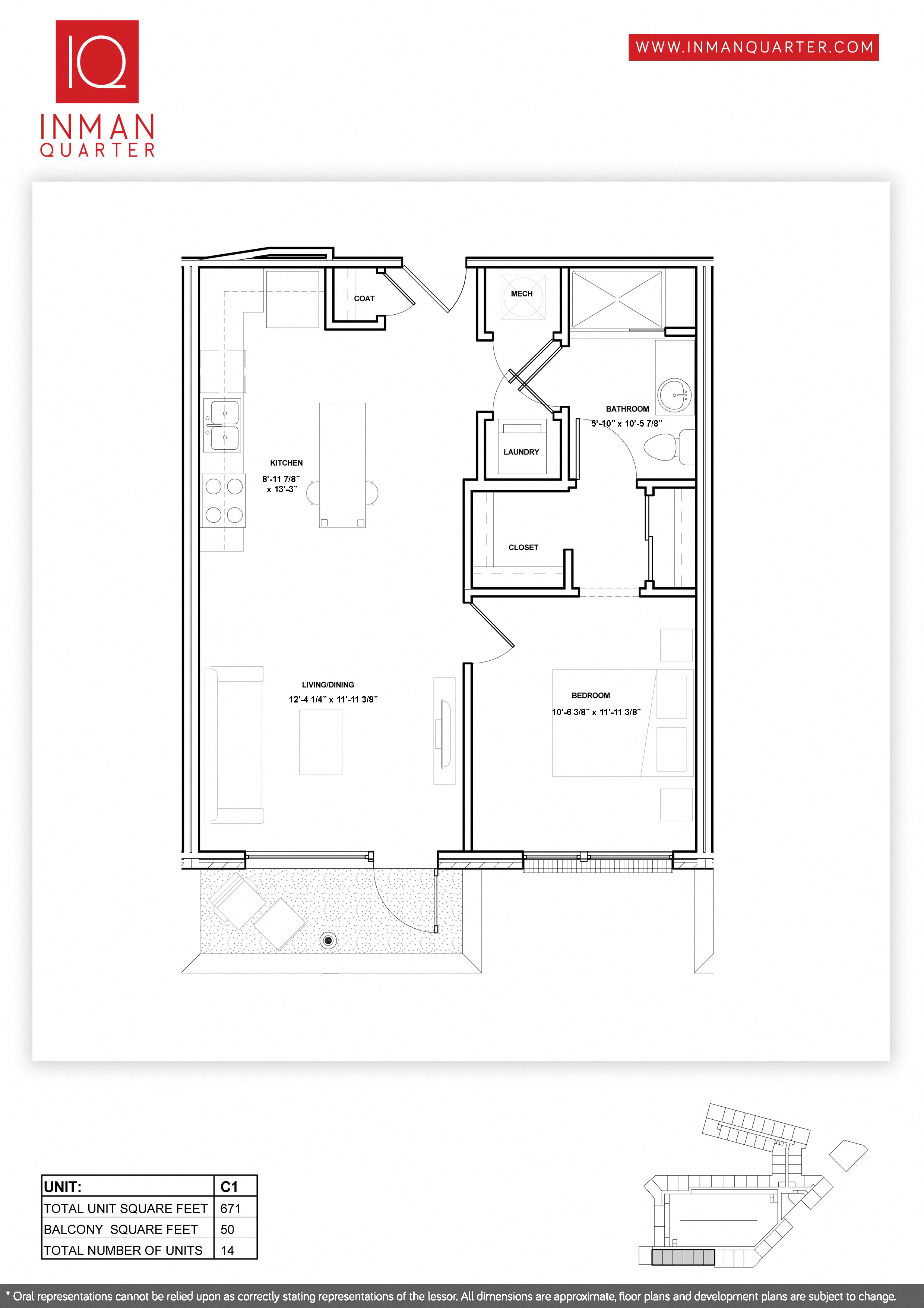 Floor plan for 1 bed, 1 bath, 734 sqft
