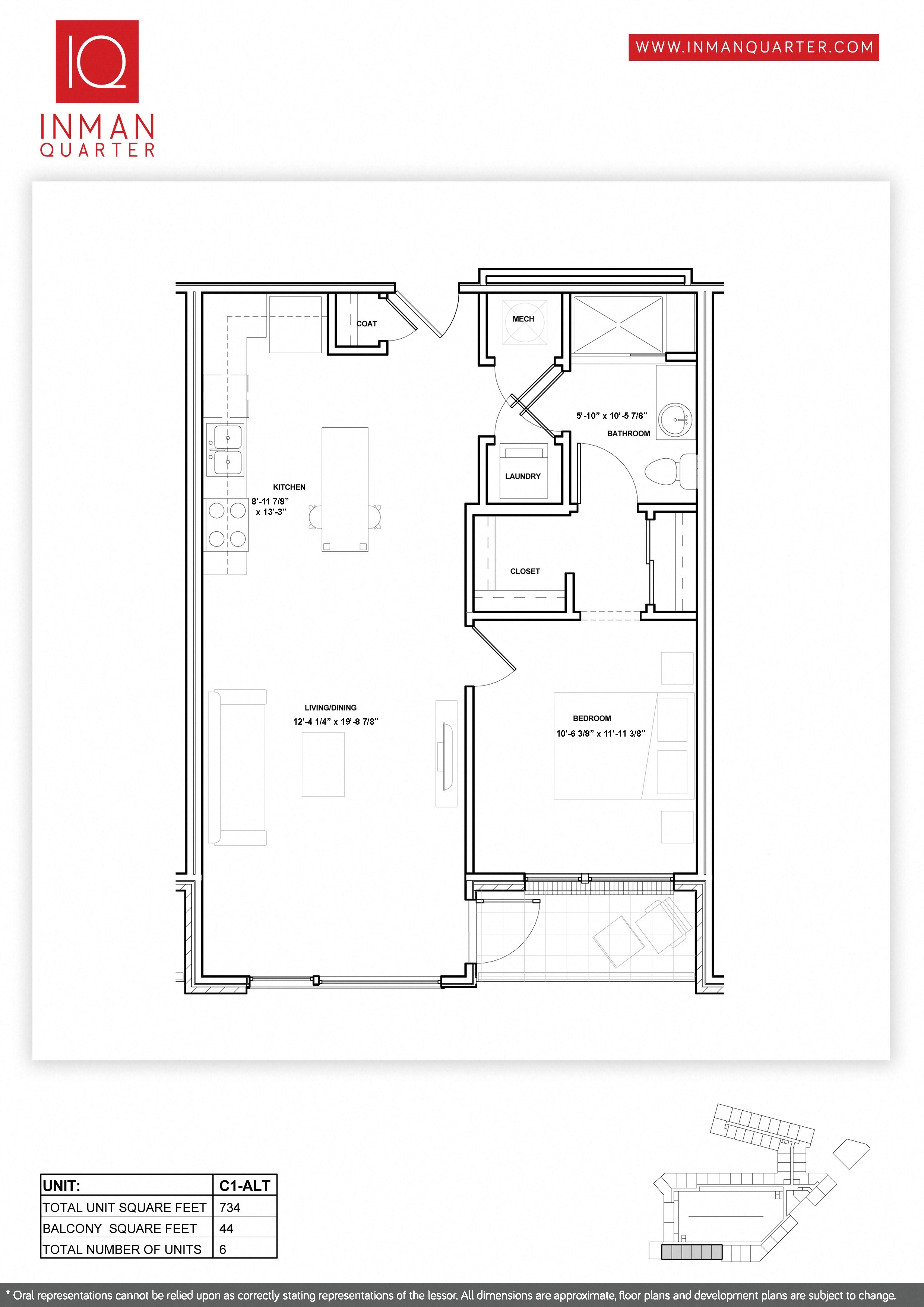 Floor plan for 1 bed, 1 bath, 734 sqft