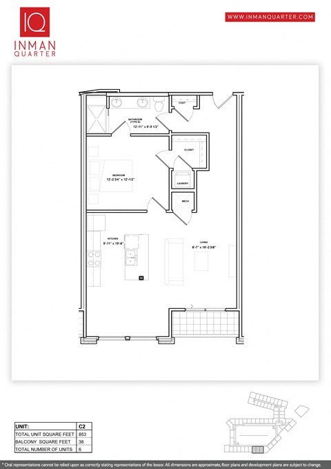 Floor plan for 1 bed, 1 bath, 854 sqft