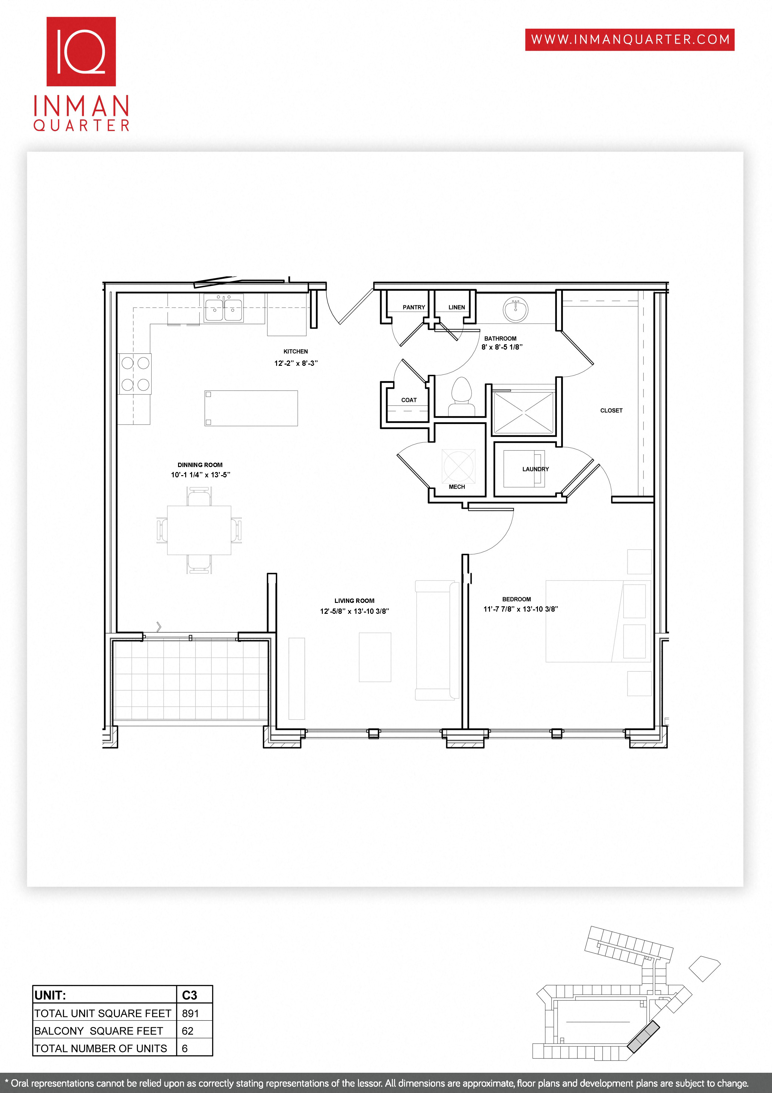 Floor plan for 1 bed, 1 bath, 891 sqft