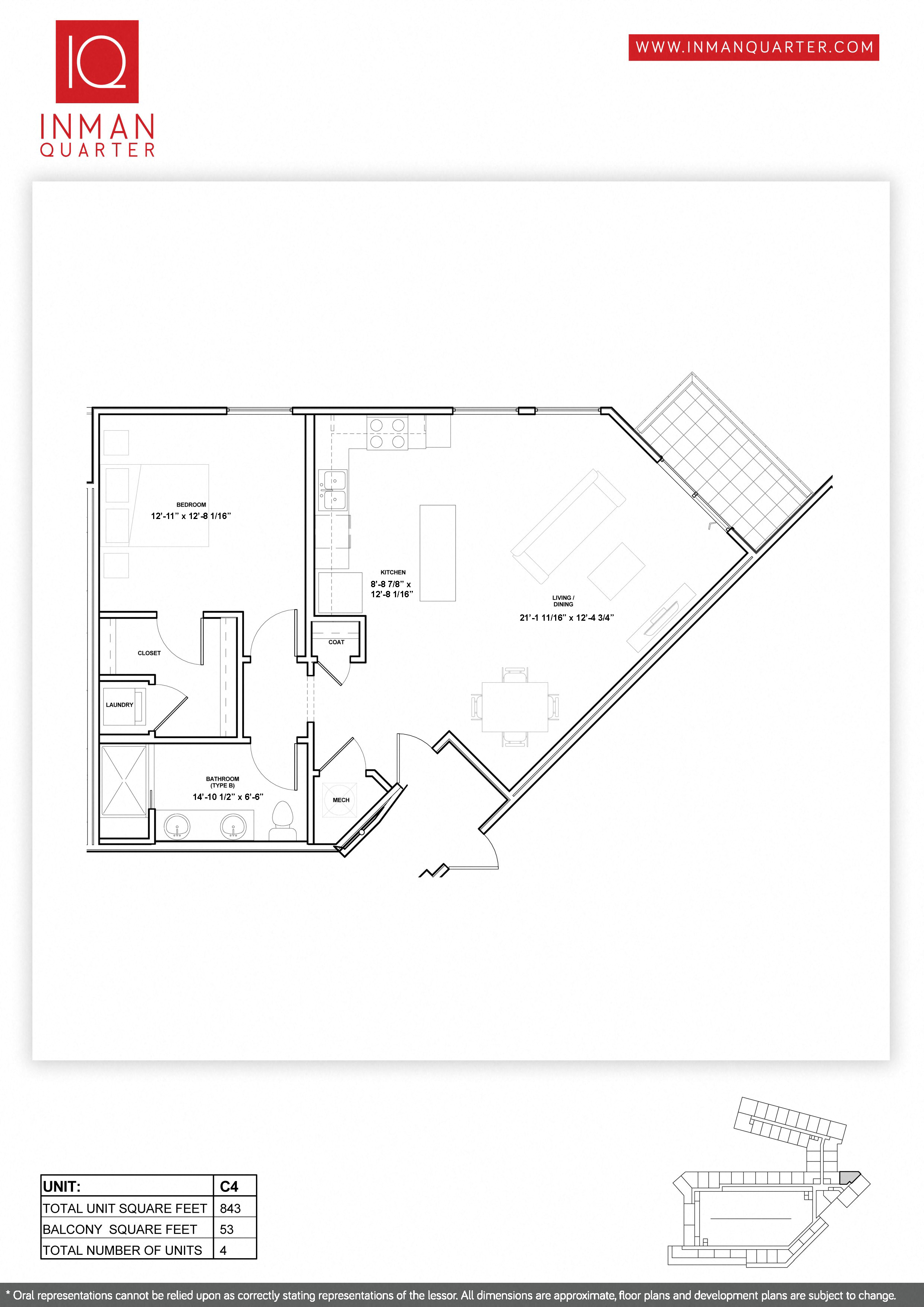Floor plan for 1 bed, 1 bath, 845 sqft