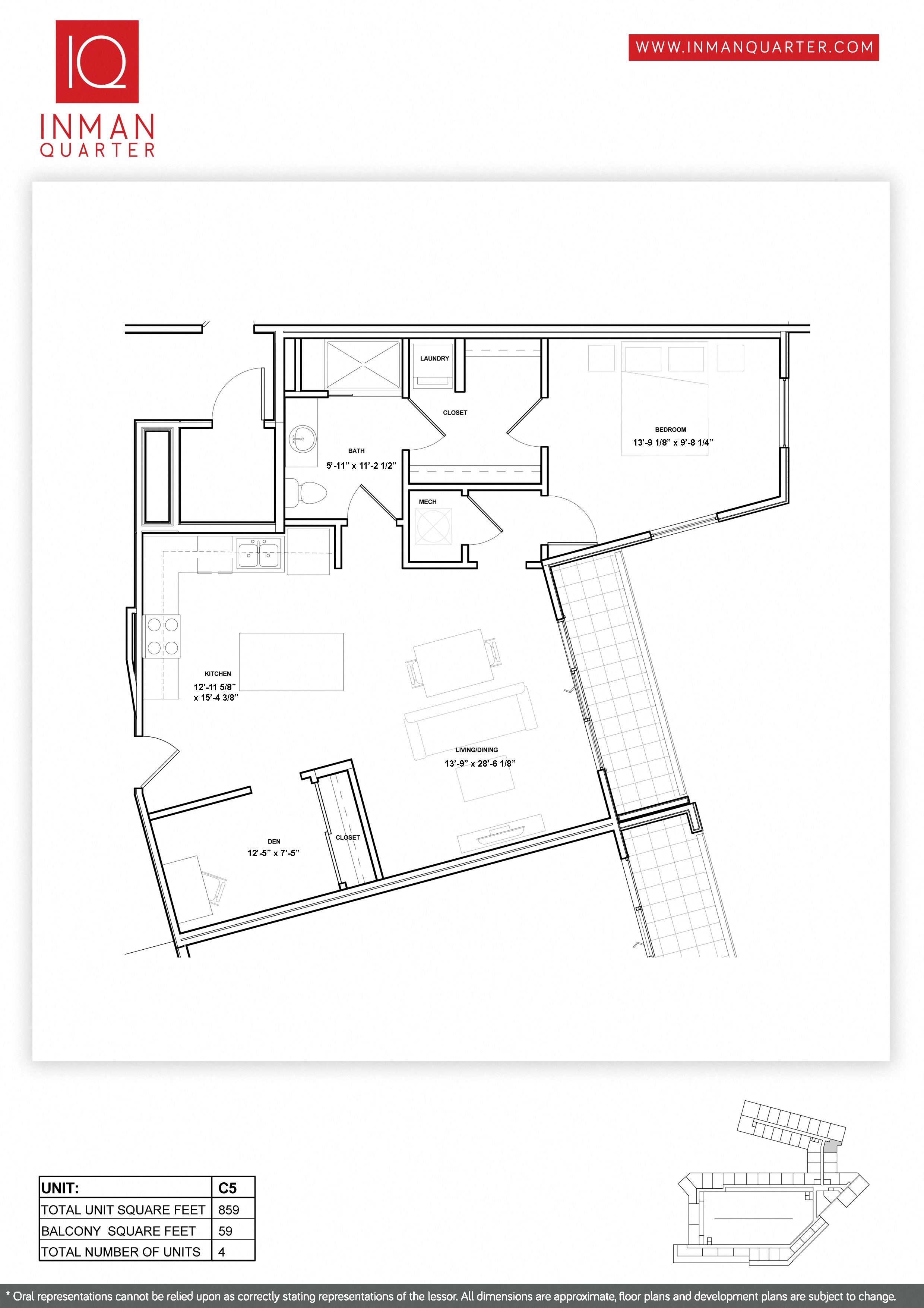 Floor plan for 1 bed, 1 bath, 855 sqft