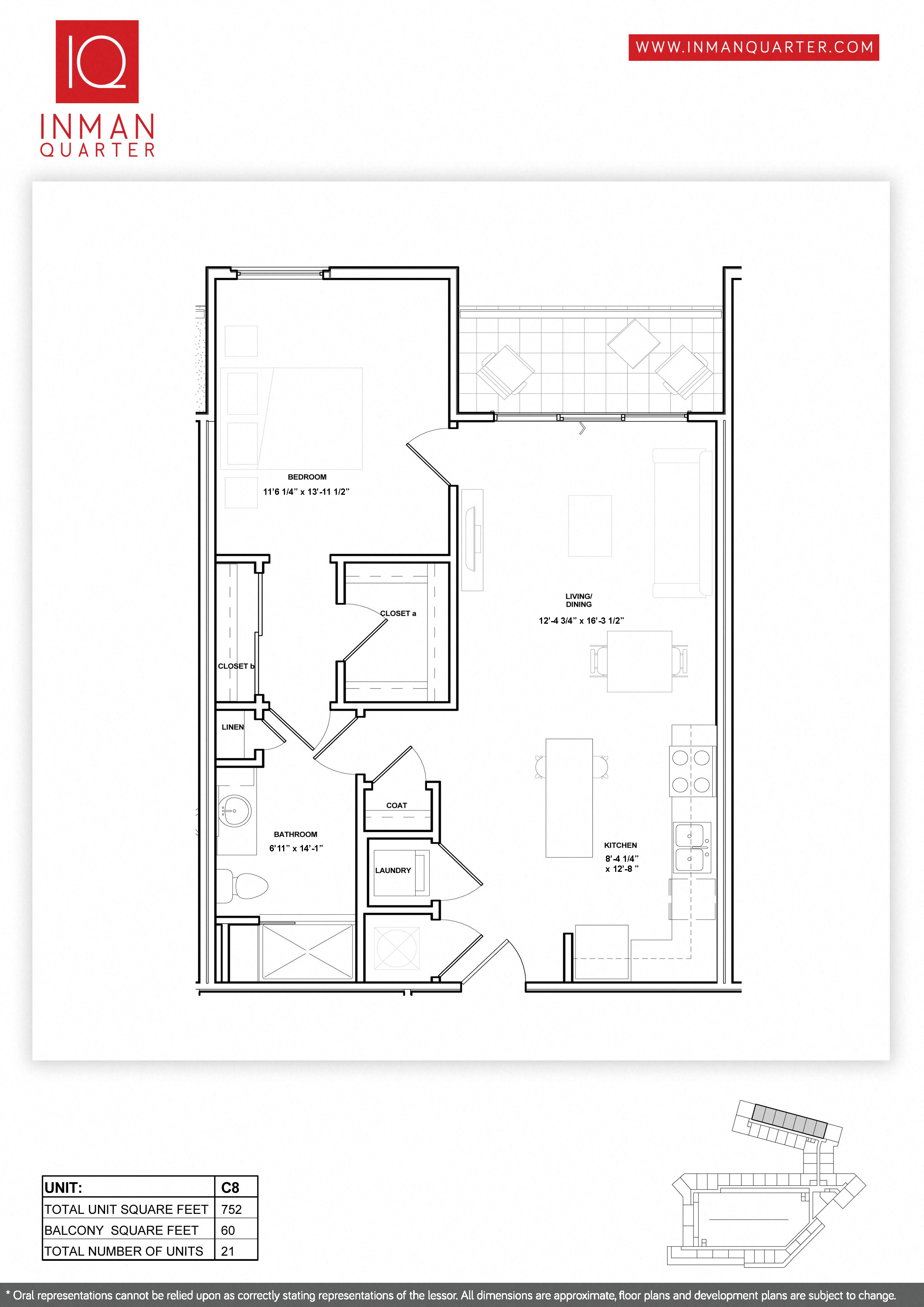 Floor plan for 1 bed, 1 bath, 752 sqft