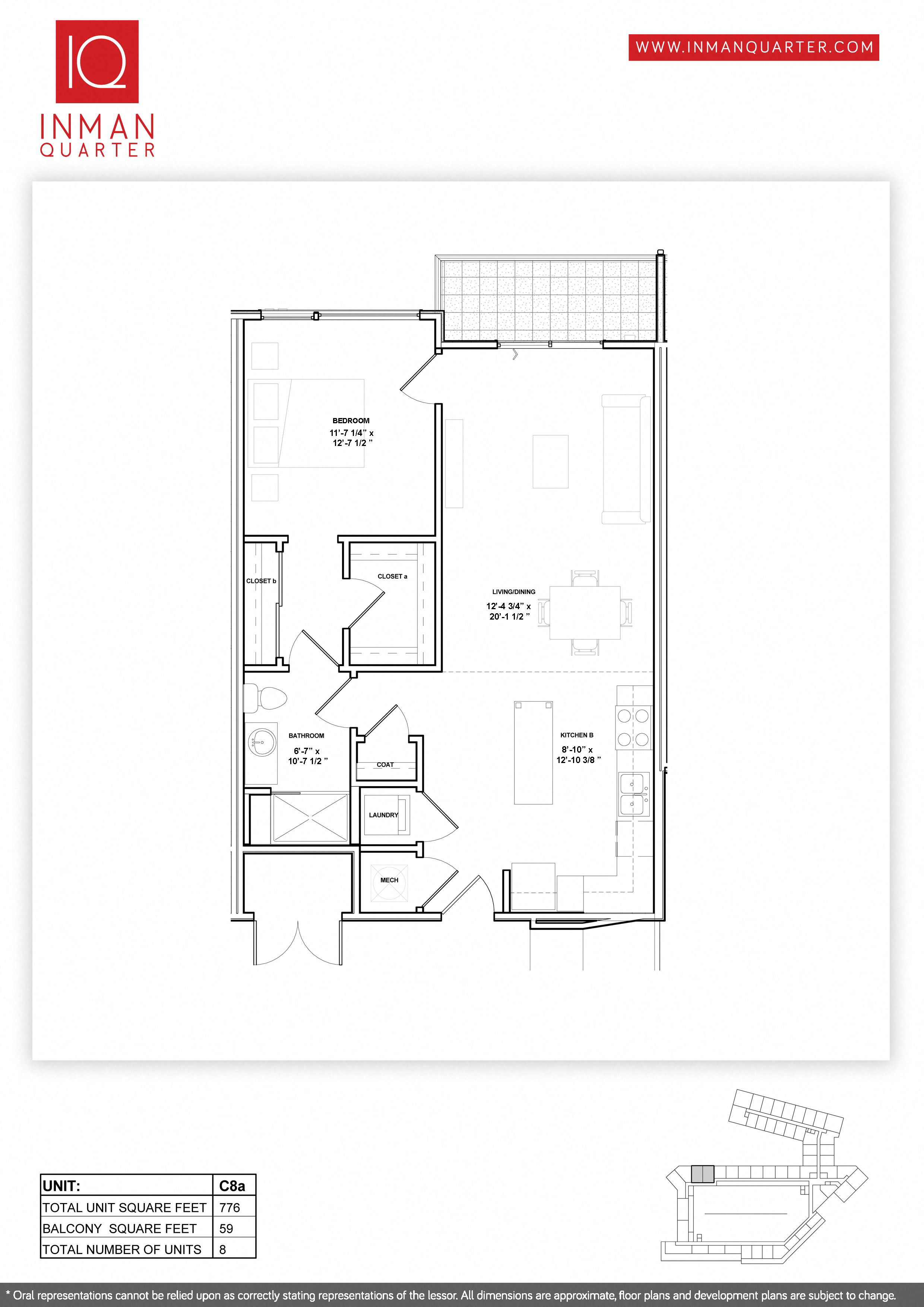 Floor plan for 1 bed, 1 bath, 776 sqft