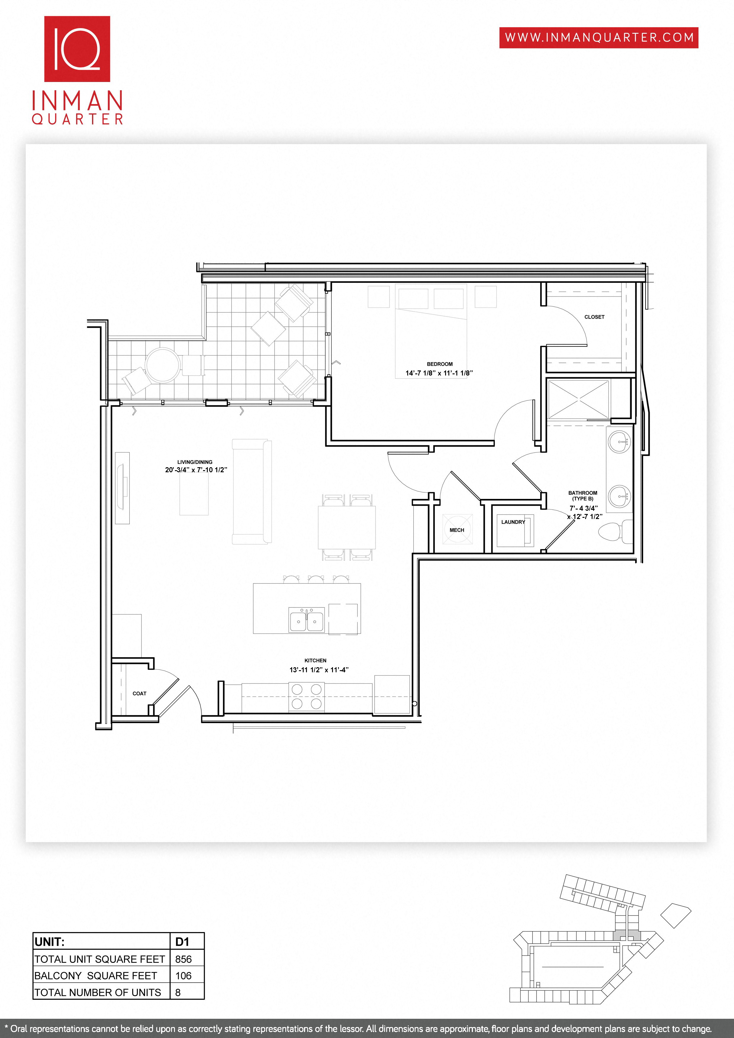 Floor plan for 1 bed, 1 bath, 856 sqft