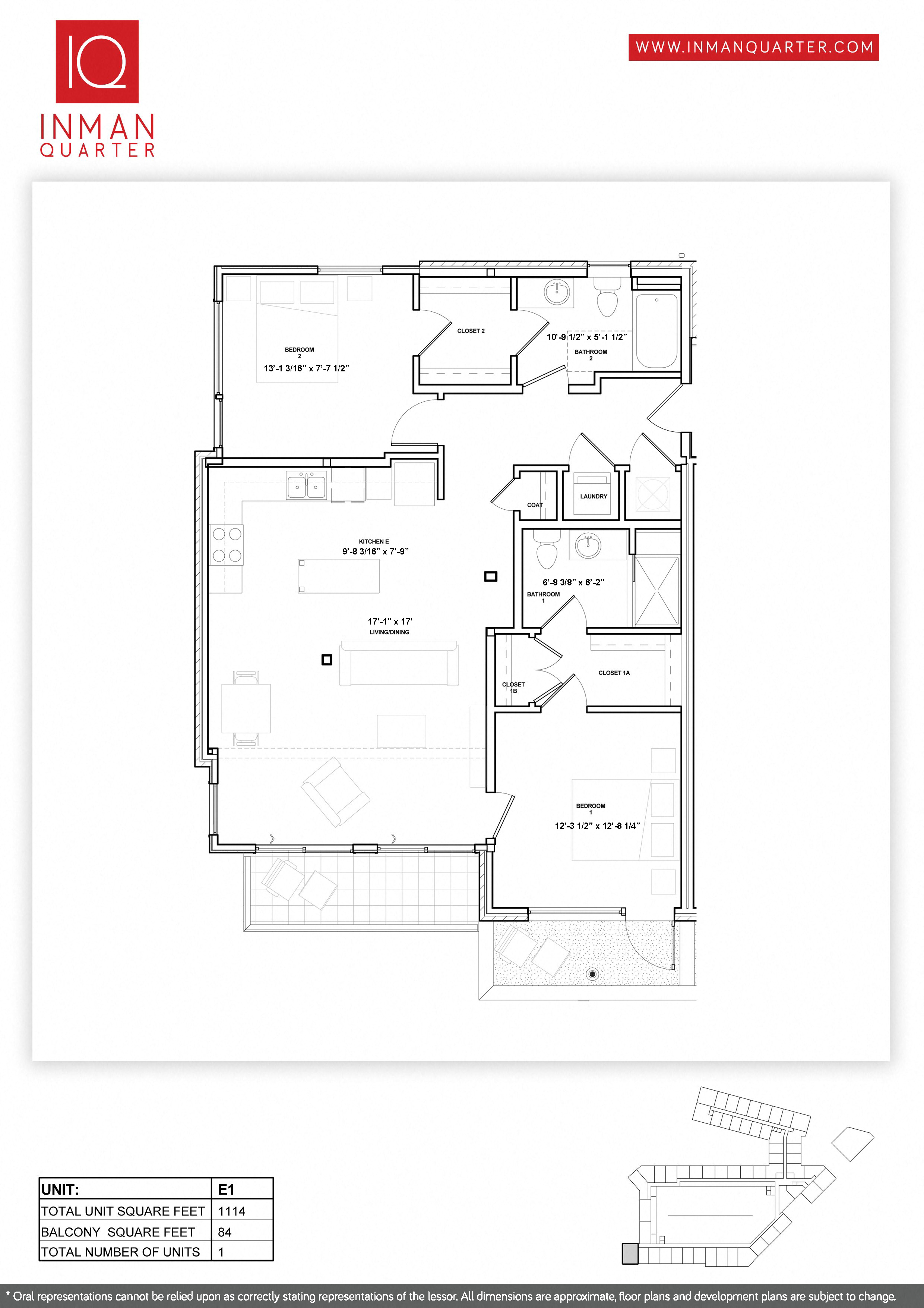 Floor plan for 2 beds, 2 baths, 1114 sqft