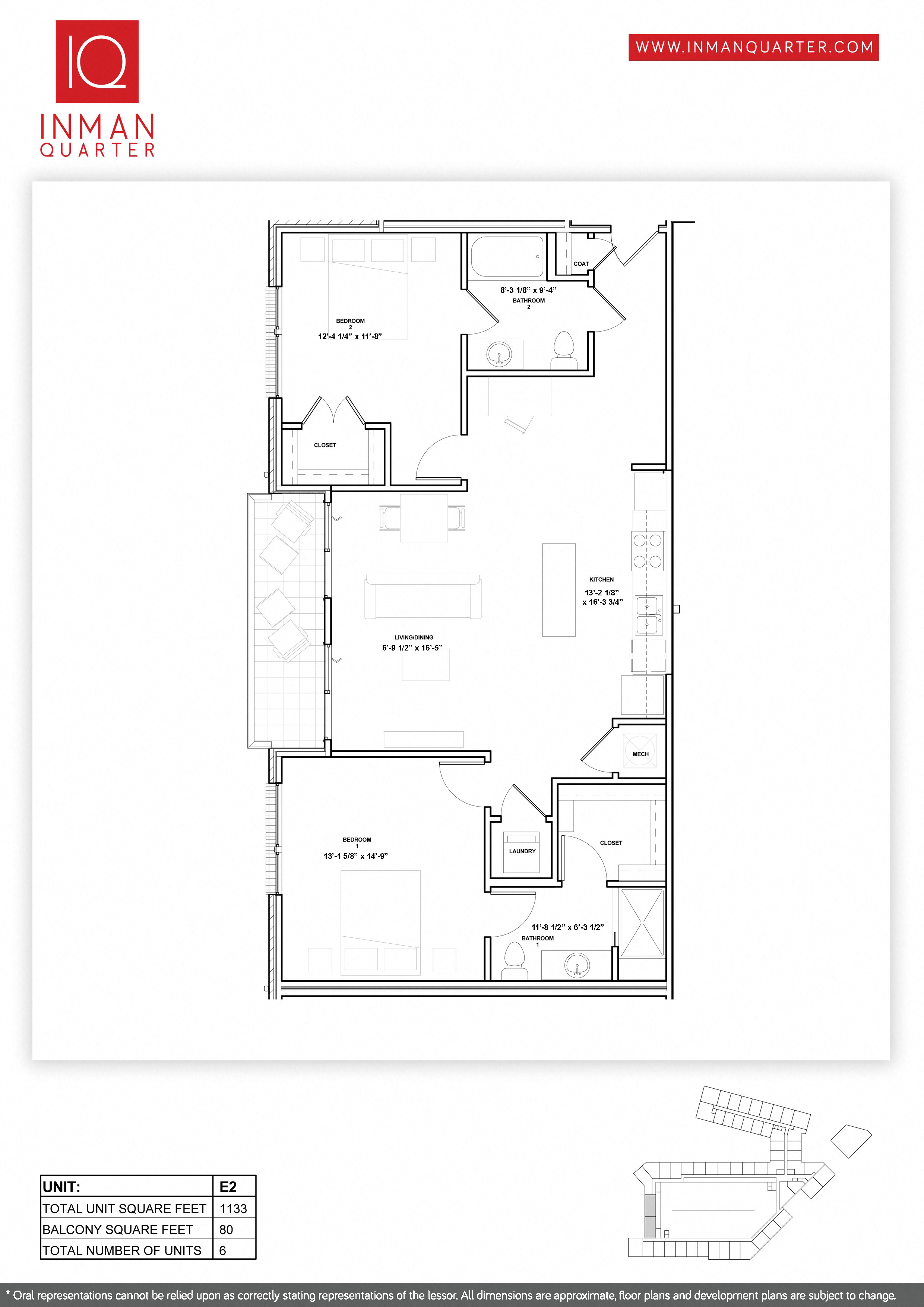Floor plan for 2 beds, 2 baths, 1133 sqft