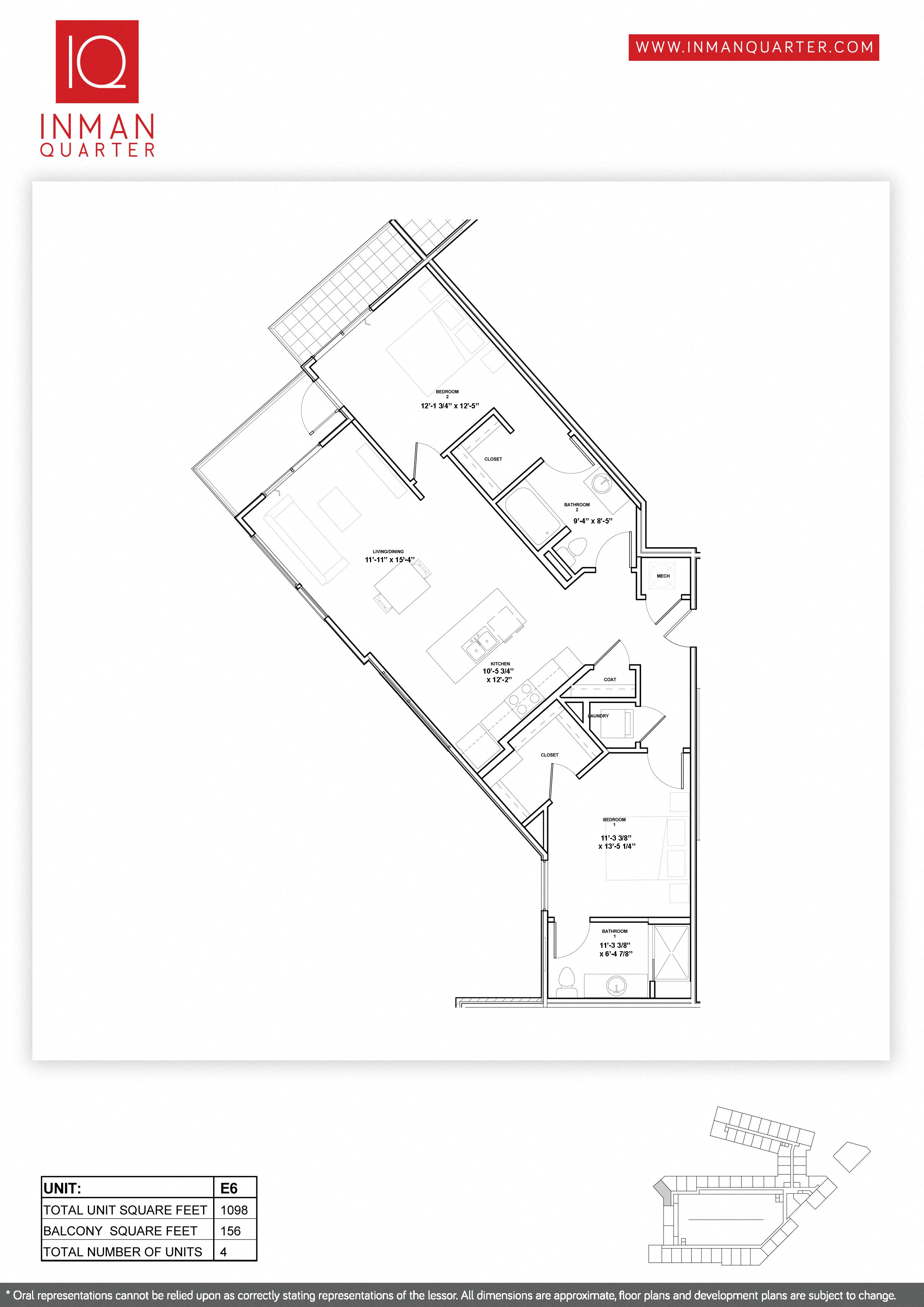 Floor plan for 2 beds, 2 baths, 1098 sqft