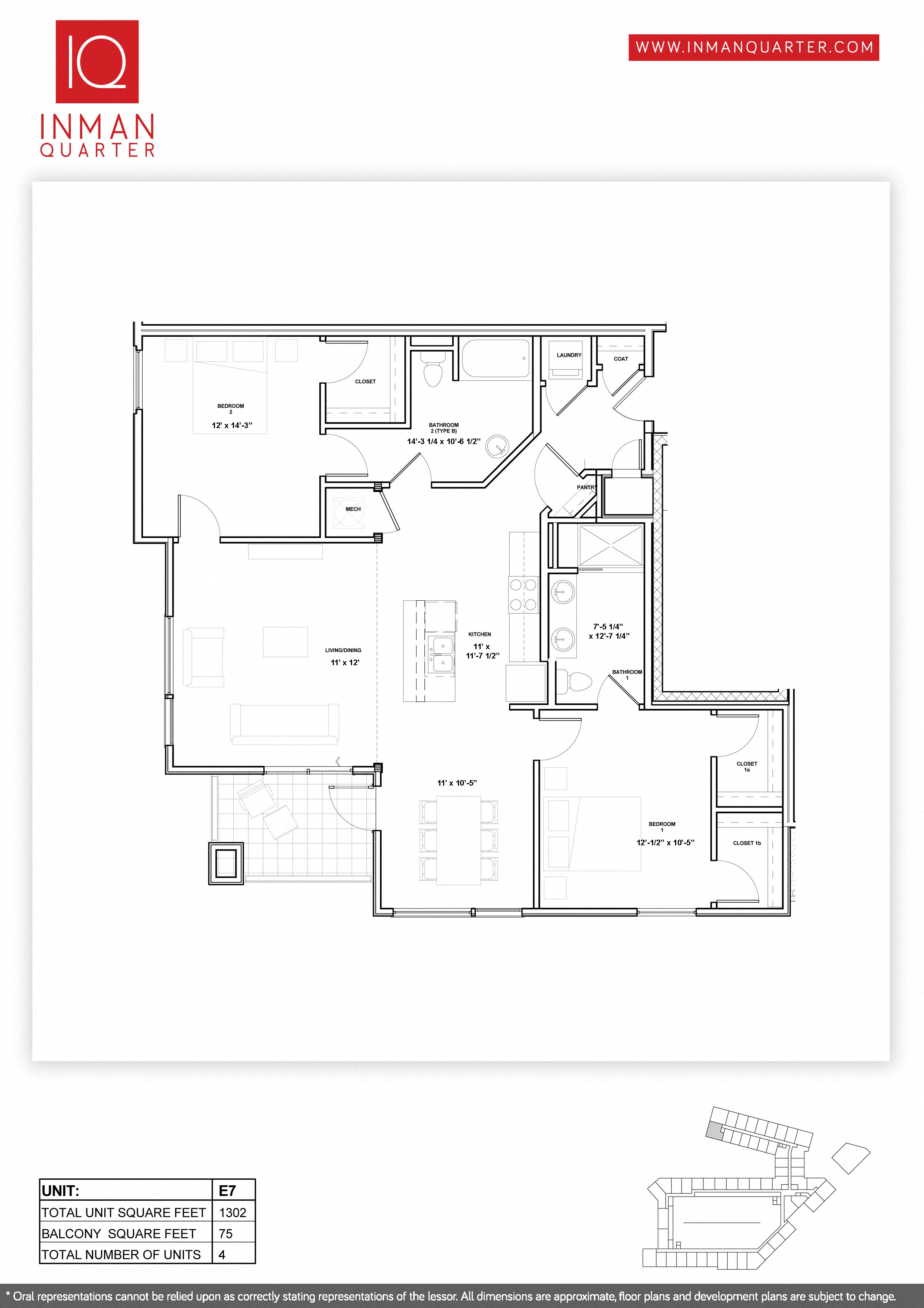 Floor plan for 2 beds, 2 baths, 1302 sqft