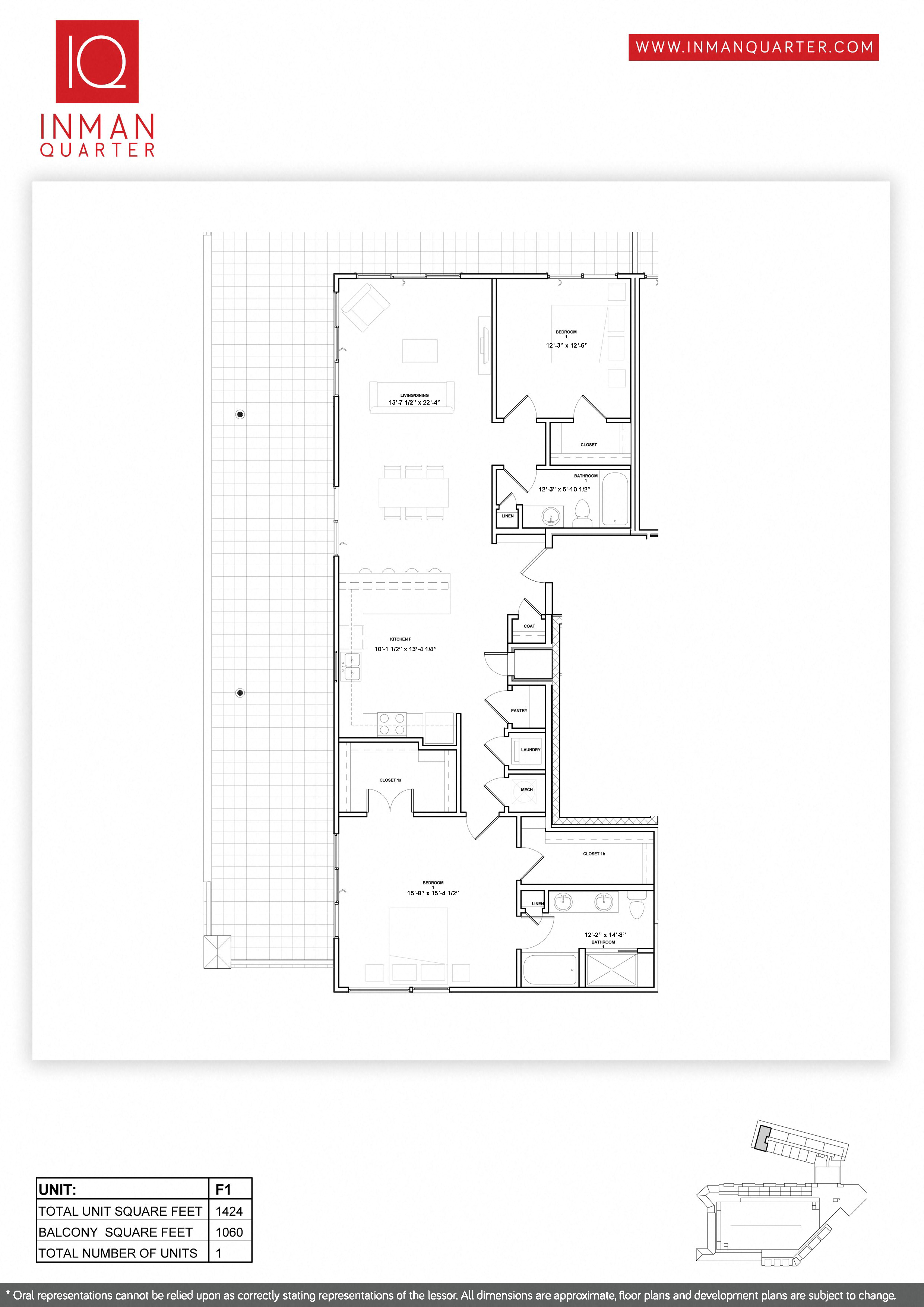 Floor plan for 2 beds, 2 baths, 1424 sqft