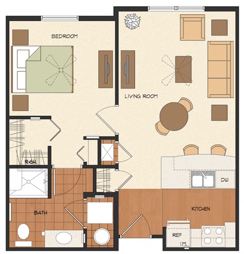 Floor plan for 1 bed, 1 bath, 611 sqft
