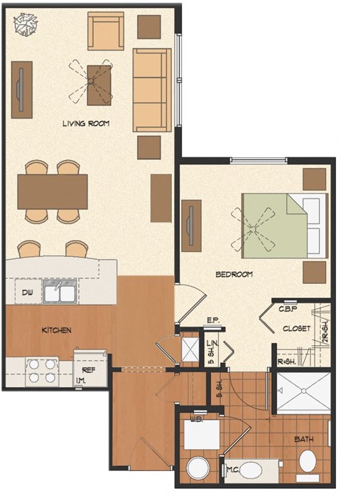 Floor plan for 1 bed, 1 bath, 699 sqft