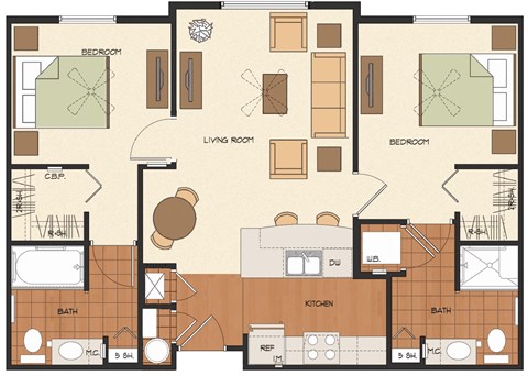 Floor plan for 2 beds, 2 baths, 895 sqft