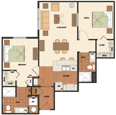 Floor plan for 2 beds, 2 baths, 953 sqft