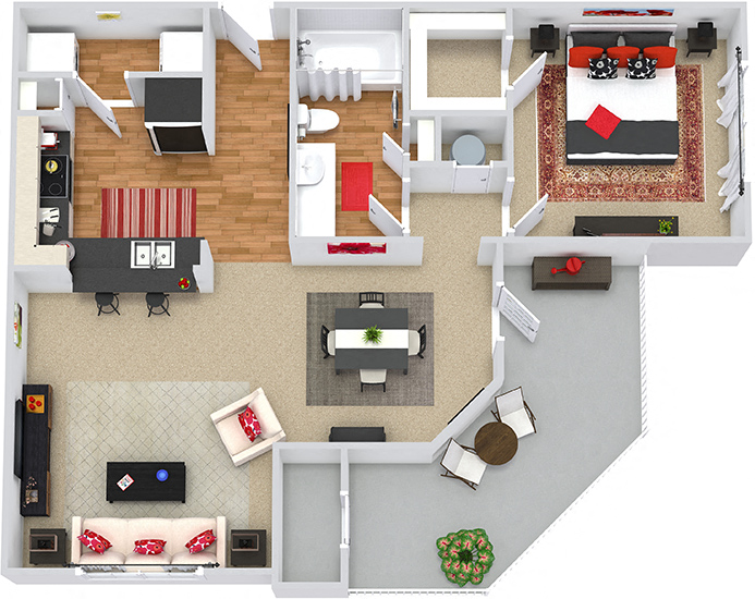 Floor plan for 1 bed, 1 bath, 775 sqft