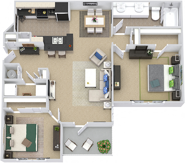 Floor plan for 2 beds, 1 bath, 995 sqft