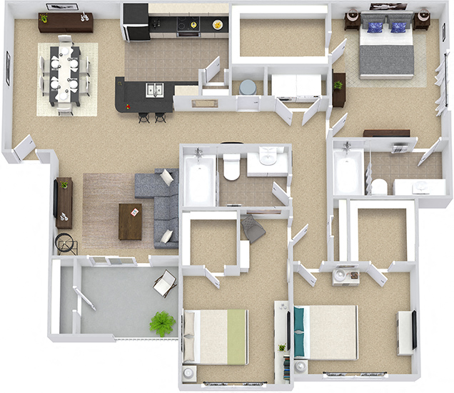 Floor plan for 3 beds, 2 baths, 1271 sqft